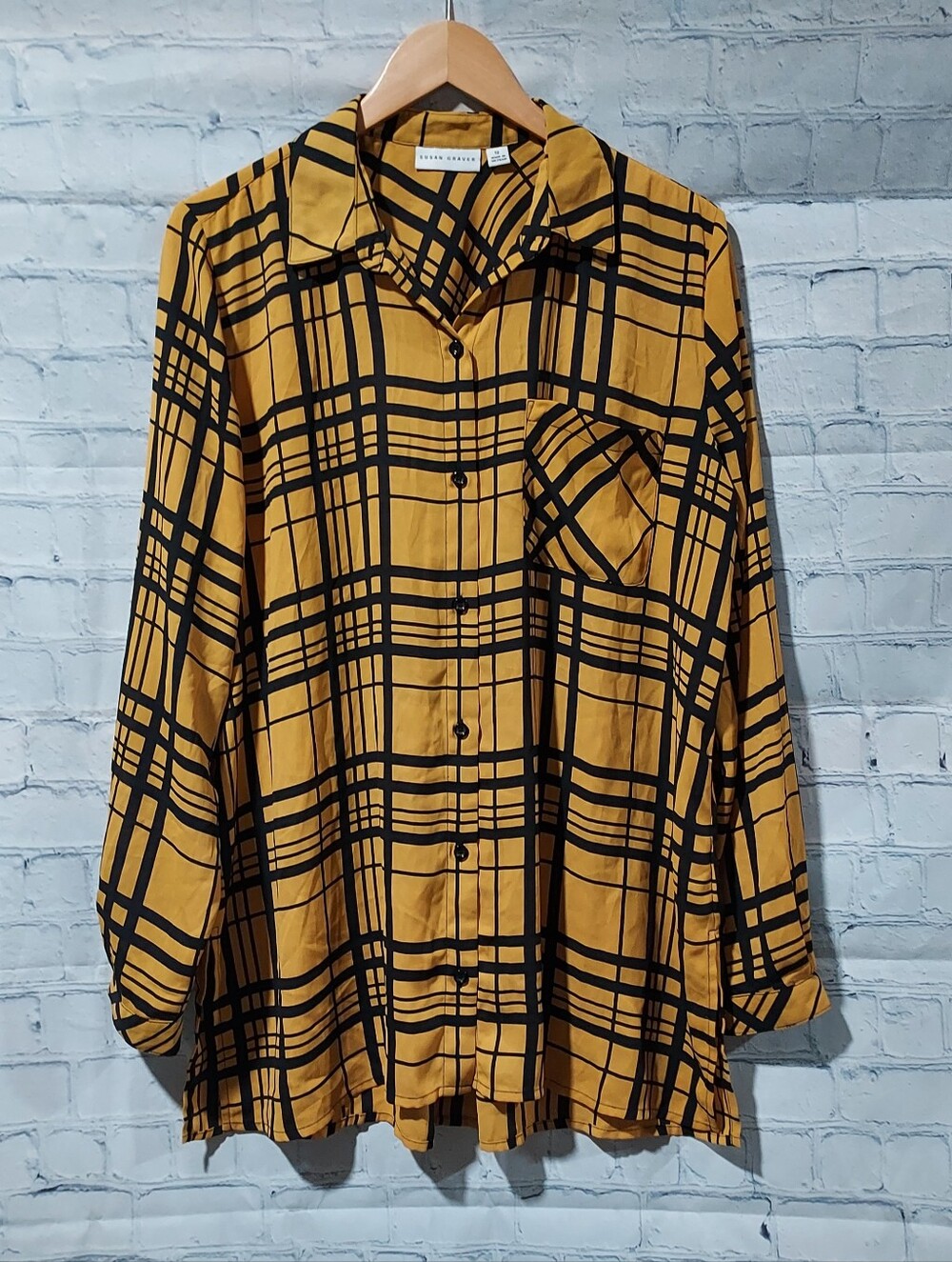 Susan Graver Size 12 Tunic Top Abstract Black Golden Yellow Office Career